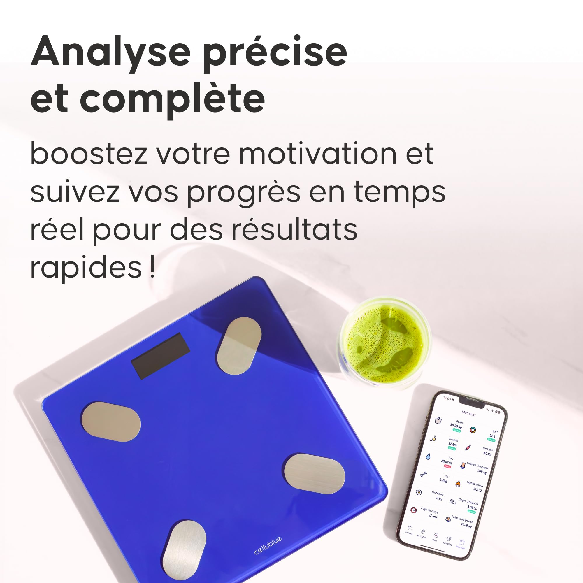 Balance Connectée Minceur Cellublue - Pèse-Personne Intelligent avec 12 Indicateurs de Composition Corporelle, Analyse de Graisse, Muscle et IMC - Compatible Smartphone, Suivi précis de poids