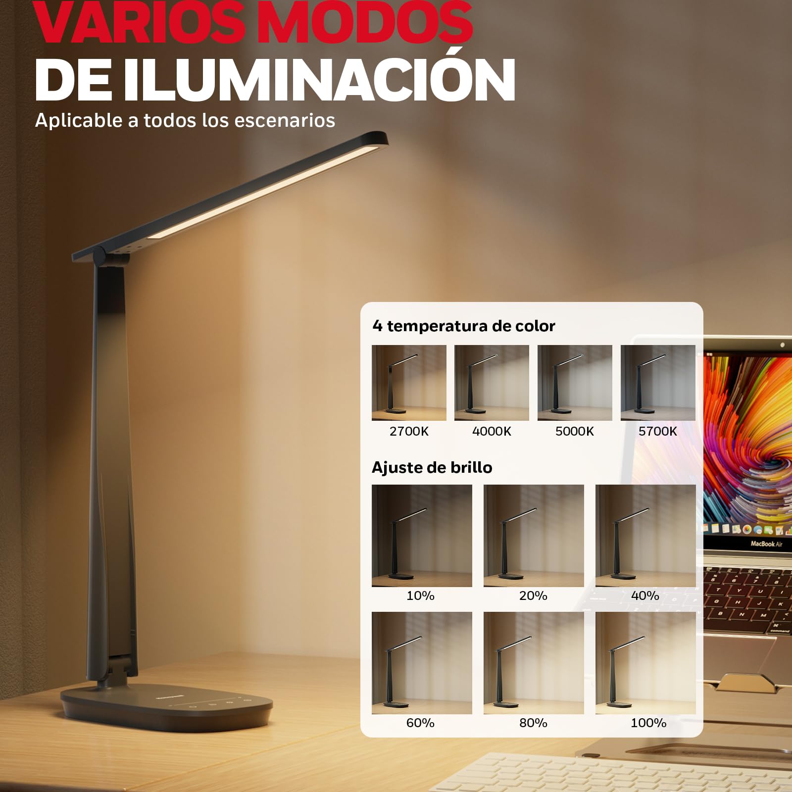 Honeywell HWT-H2 Lámpara de Escritorio LED, Luz de Espectro Completo CRI94, Lámpara de Mesa Regulable con Puertos USB-A y USB-C, Control Táctil, Lámpara Plegable para Oficina, Lectura y Estudio, Negro