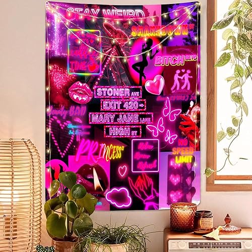 Tapiz de letrero de calle rosa para dormitorio, vintage, retro, grunge, decoración de garaje, tapiz reactivo a los rayos UV, tapiz de luz negra para