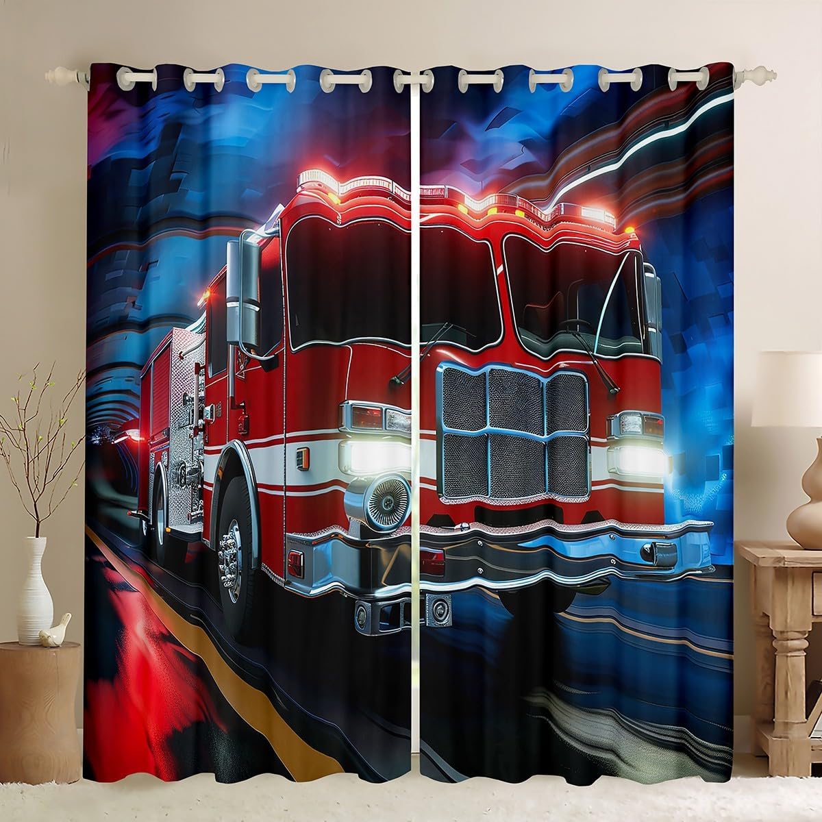 Fire Truck Window Curtains,Firefighter Car Curtain,Firemen Engine Vehicle Window Drapes for Kid Teens Boys Young Man,Modern Bedroom Decorative,3D Red Fire Truck Curtain,84Wx84L