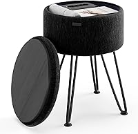 Vista 10 de STORAGEBUD Otomana redonda con almacenamiento, otomana de almacenamiento de bouclé, taburetes otomanos, taburete de tocador de maquillaje, pequeños