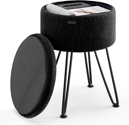 Miniatura 10 de STORAGEBUD Otomana redonda con almacenamiento, otomana de almacenamiento de terciopelo plisado, taburete de pie, taburete de maquillaje, otomanas