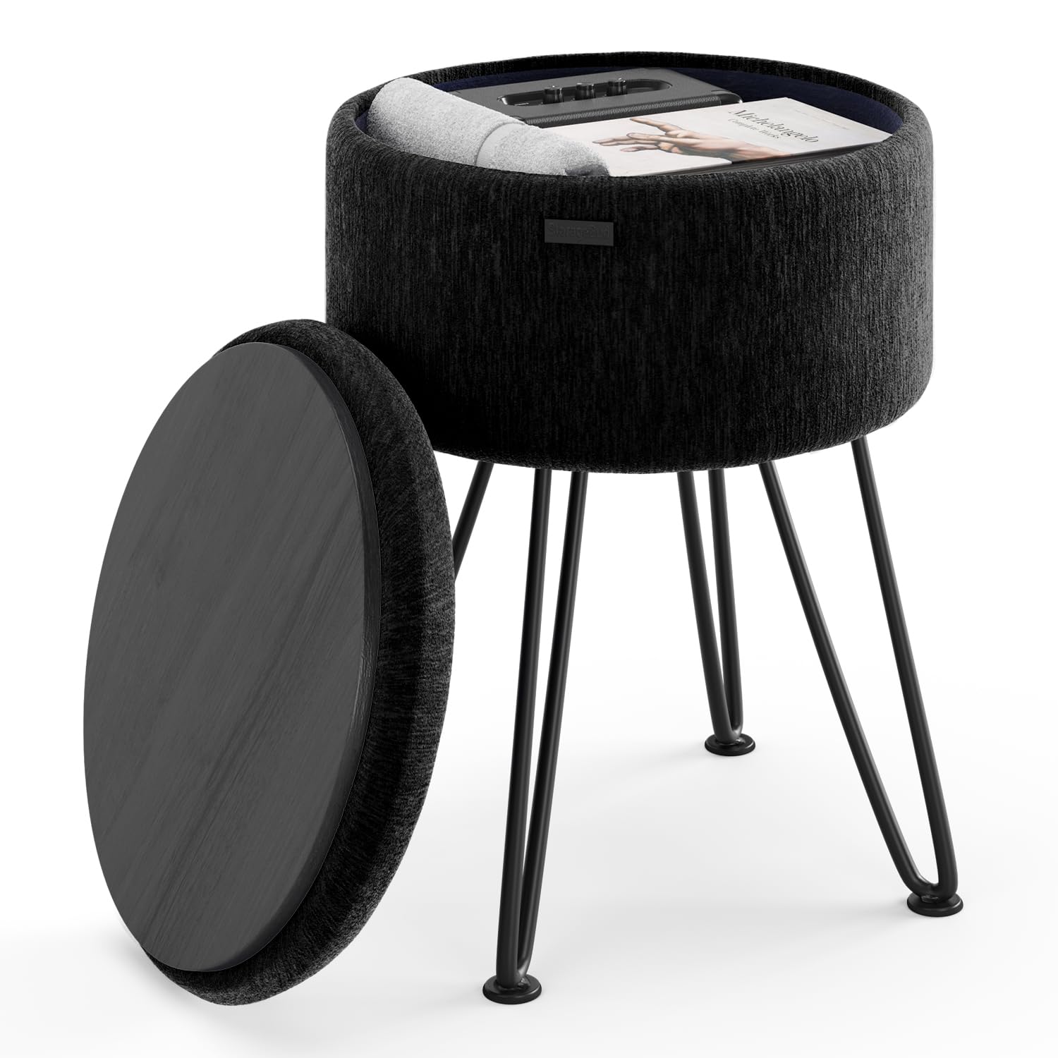 Otomana redonda con almacenamiento, otomana de almacenamiento de terciopelo texturizado, taburete otomano de tocador, taburete de tocador de maquillaje, reposapiés otomano pequeño