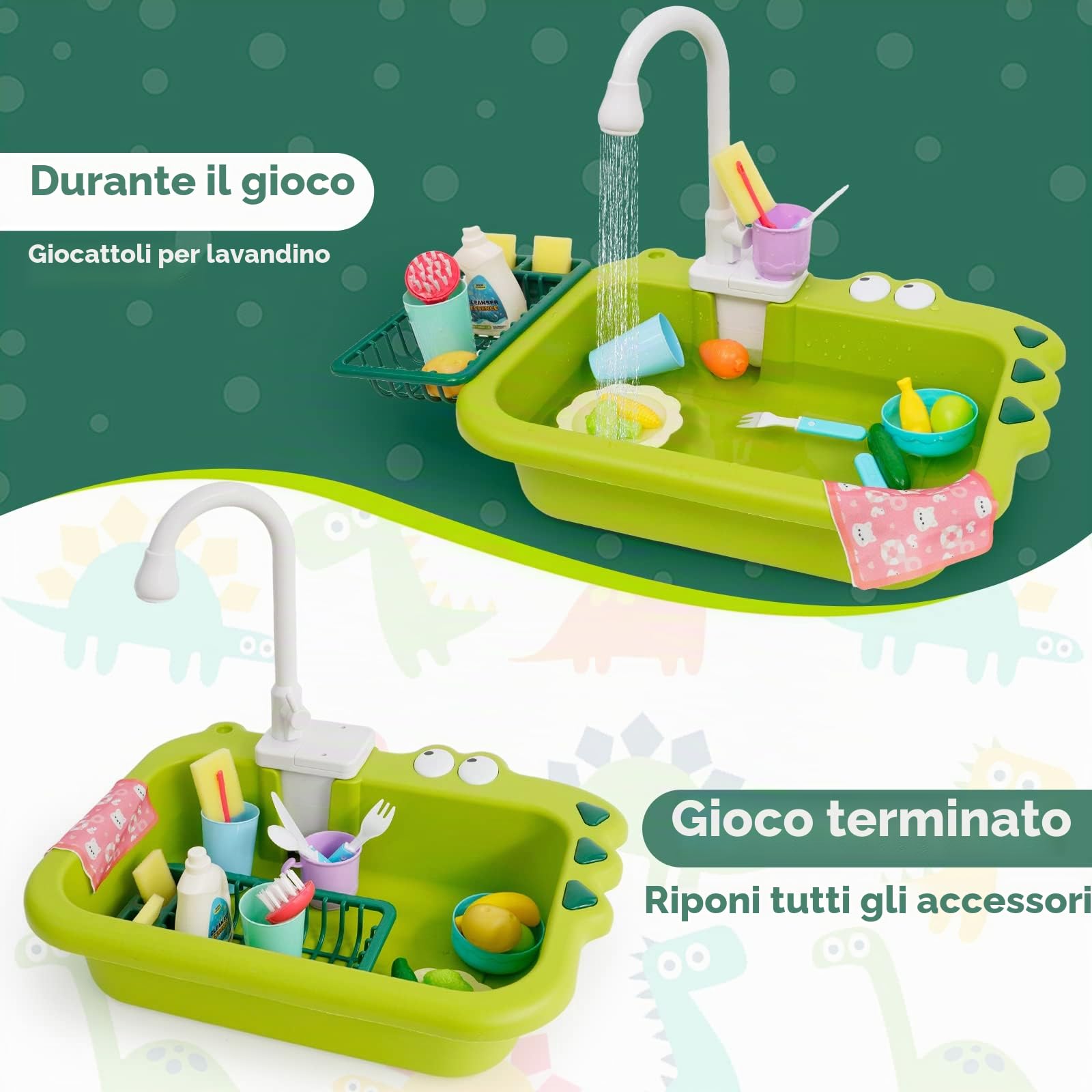 Giocattoli per lavandino da cucina con acqua corrente 23 pezzi con lavastoviglie giocattolo con sistema automatico di ciclo dell'acqua per finta set da gioco per 3 4 5 6 7 8 anni