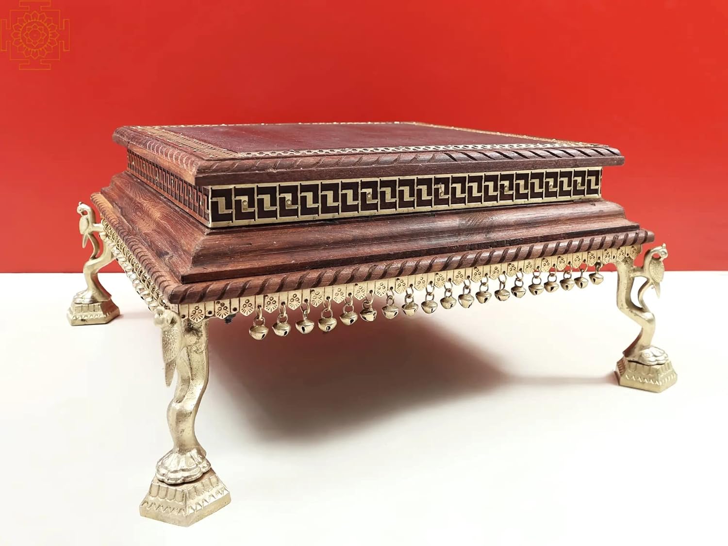 Exotic India 18" Peacock Leg Wooden Pedestal with Ghungroos | Handmade - Wood with Brass