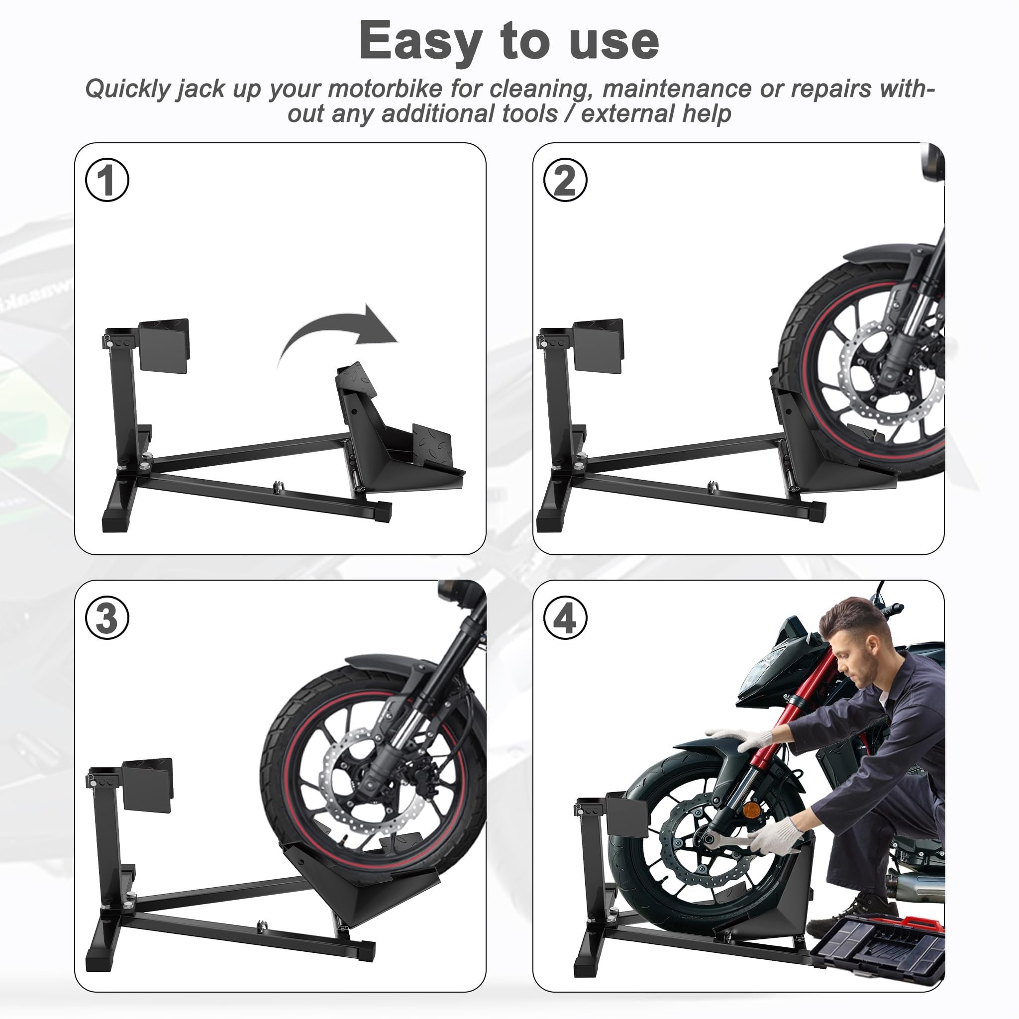 UISEBRT Stahl Motorrad Vorderradstütze - Montageständer passt Reifen von 17"- 21" Größe und 90-130 mm Breite - mit rutschhemmenden Gummifüßen, Abmessungen: 620x460x410 mm