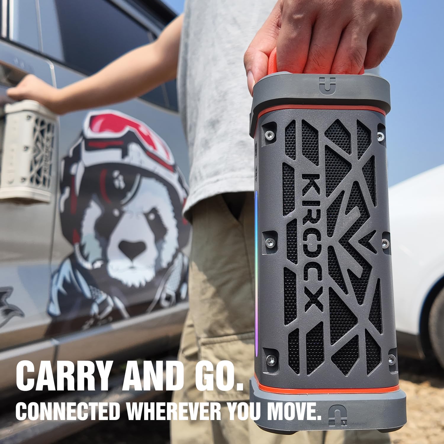 KROCX TRAVOR Magnetic Bluetooth Speaker, 45W Rugged All-Aluminum Outdoor Portable Speaker, BassUp, IP68 Waterproof Wireless Speaker for Golf Cart, Camping, Beach, TWS, 25H Playtime, Meteorite Gray — view 7