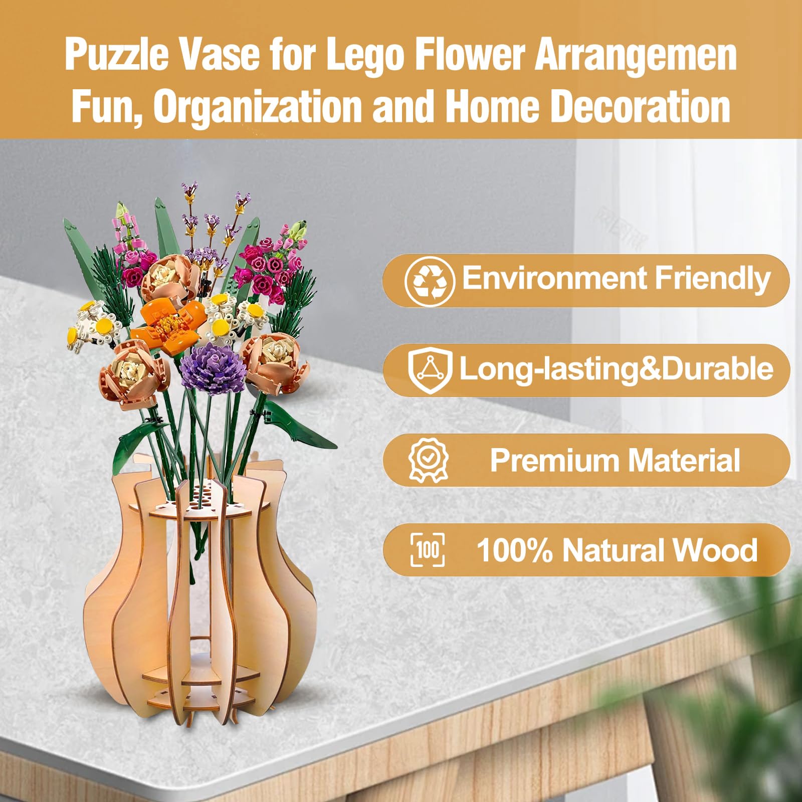 FloralGrace Wooden Puzzle Vase for Flowers Ideal for Home and Office Decoration Flower Lover's Wooden Stand for Roses Cherry Blossoms - Image 4