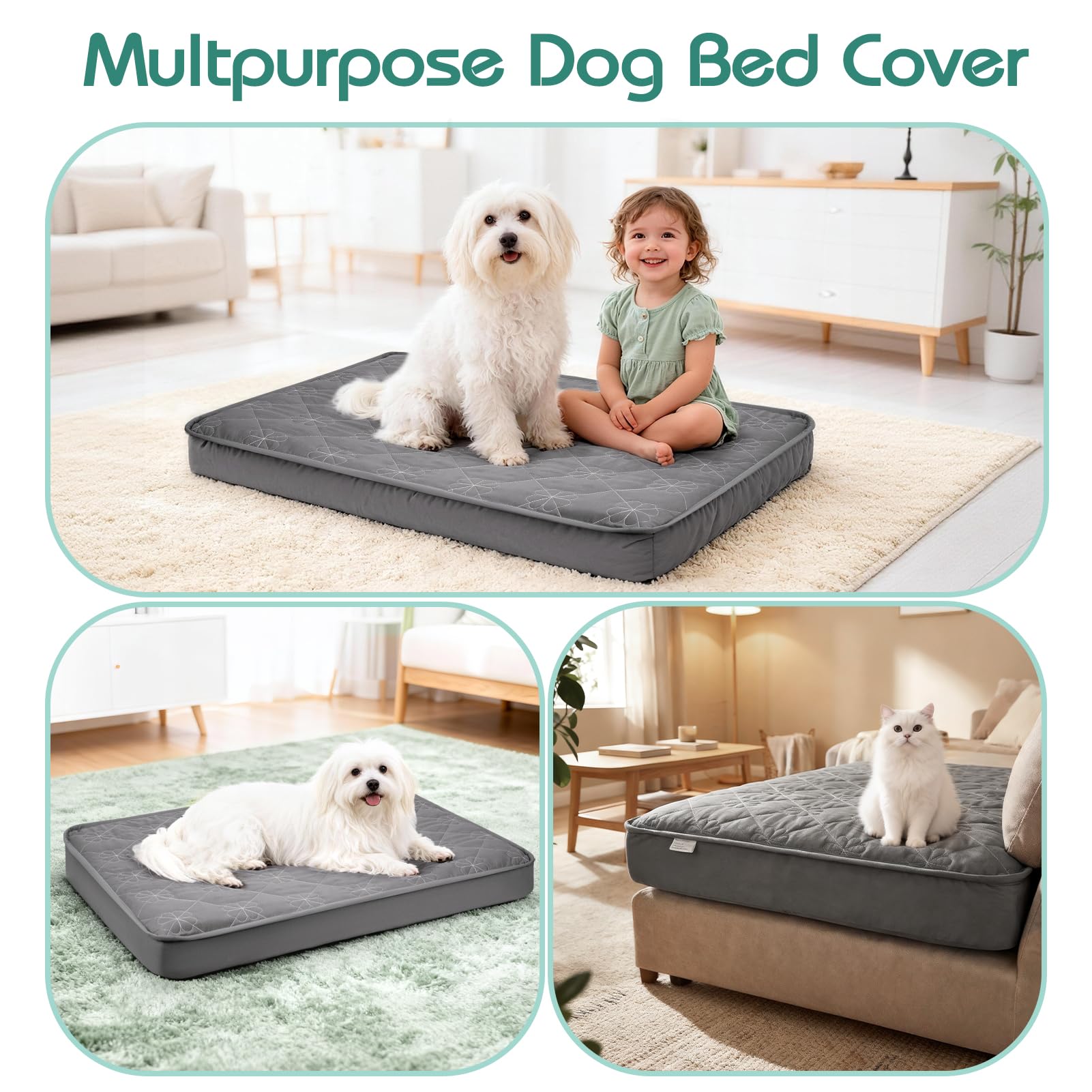 Dog Bed Cover Replacement Washable, Waterproof Dog Bed Sheets,Ultra Soft Pet Pillow Cover Quilted,Removable Pet Bed Liner - 35x44 Inches,Grey - image 8