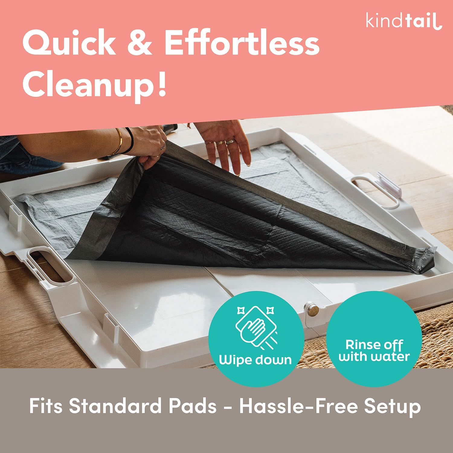 KindTail Pee PAWD - Holds Standard 24" x 24" Potty Pads - Leakproof Tray with Non-Slip Bottom, 1.5" Raised Edge & Modular Side Panel - Easy-to-Clean Plastic - Foldable Design - Handle for Travel