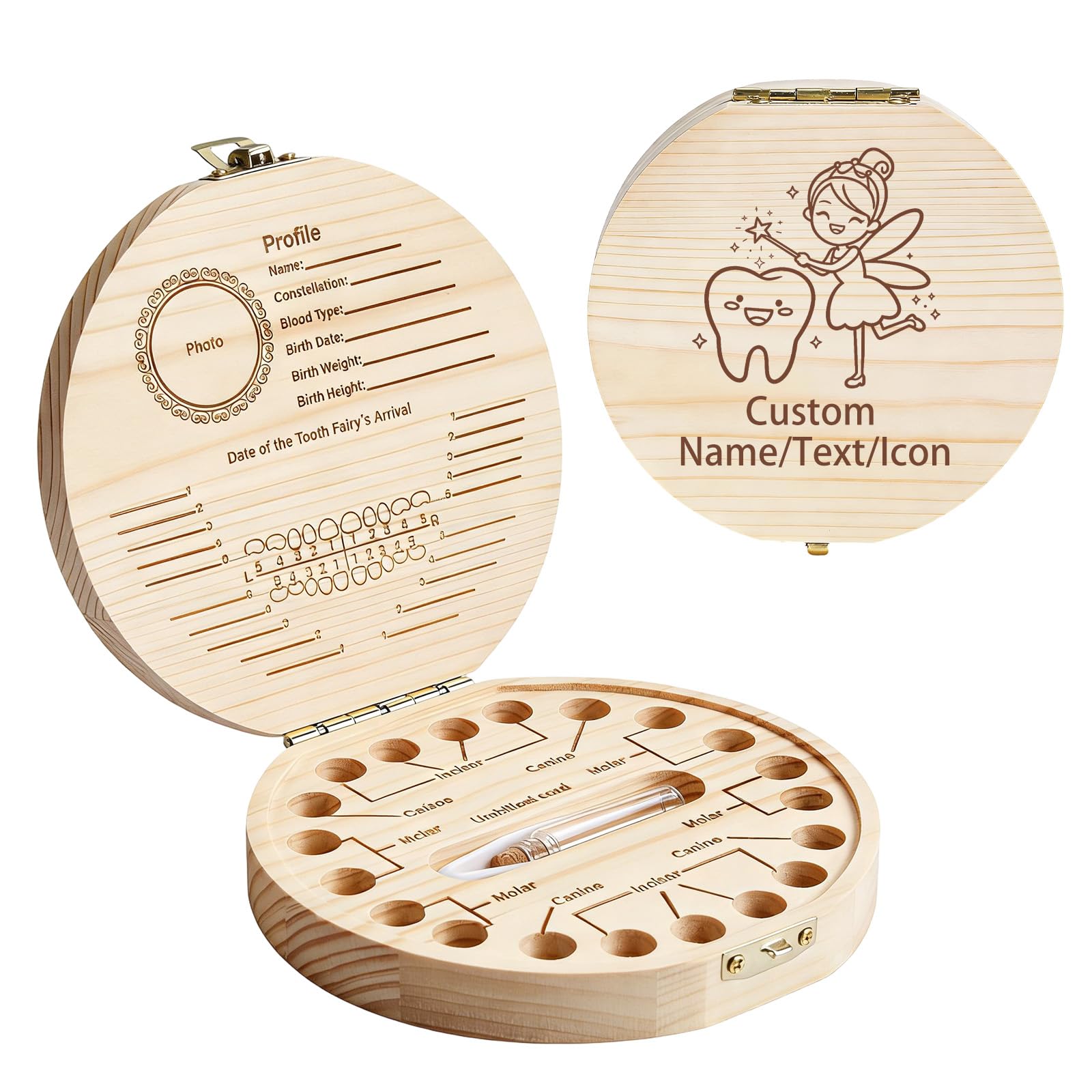 QSZ Personalized Tooth Fairy Box Customizable Engraving Name Icon Custom Wooden Teeth Fairy Keepsake Boxes for Boys Girls Gift