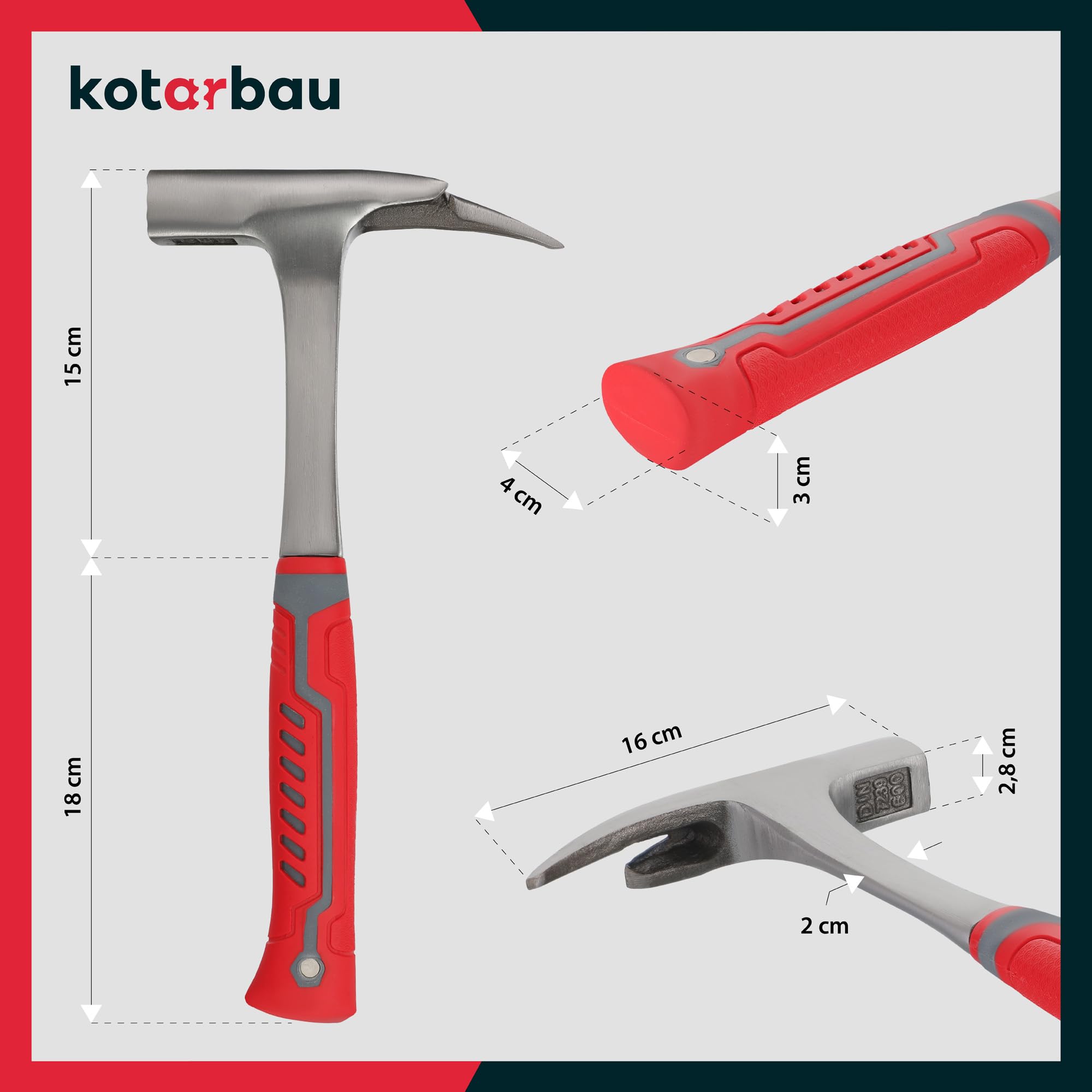 KOTARBAU® Martillo de techado/Martillo de listones 1000g con soporte magnético para clavos, acero forjado, resistente para quitar clavos, amortiguación de vibraciones ergonómica, mango de goma