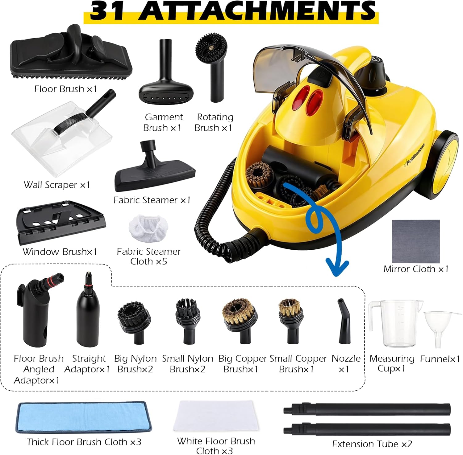 1500W Steam Cleaner,31-Piece All-in-One Kit,99% Sanitization,Chemical-Free for BBQ,Bathroom,Sealed Hardwood,Upholstery,Car,Wallpaper,Whole Home,1.5L,22ft Reach (31 in 1)