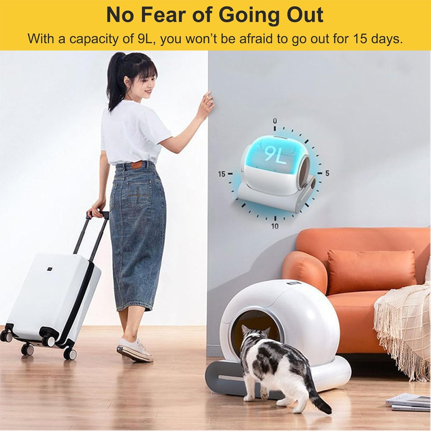 An illustration showing a person traveling with luggage and a cat using the litter box, emphasizing the 9L waste bin capacity that allows for up to 15 days of use.