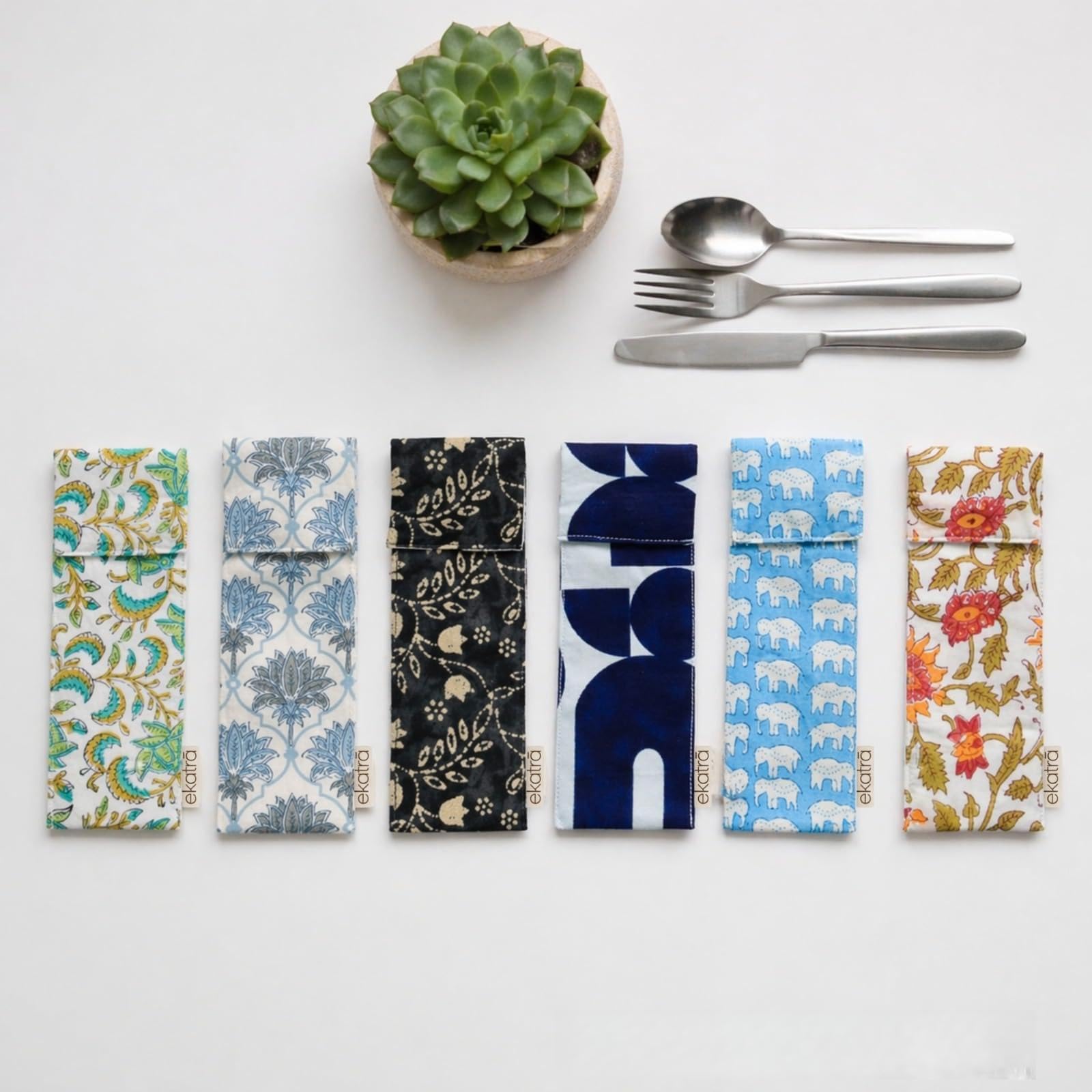 Ekatra Handmade Cotton Cutlery Pouch, Assorted Prints, Reusable | Upcycled fabric design, ideal for carrying spoon, fork and knife, travel, office lunches and everyday meals