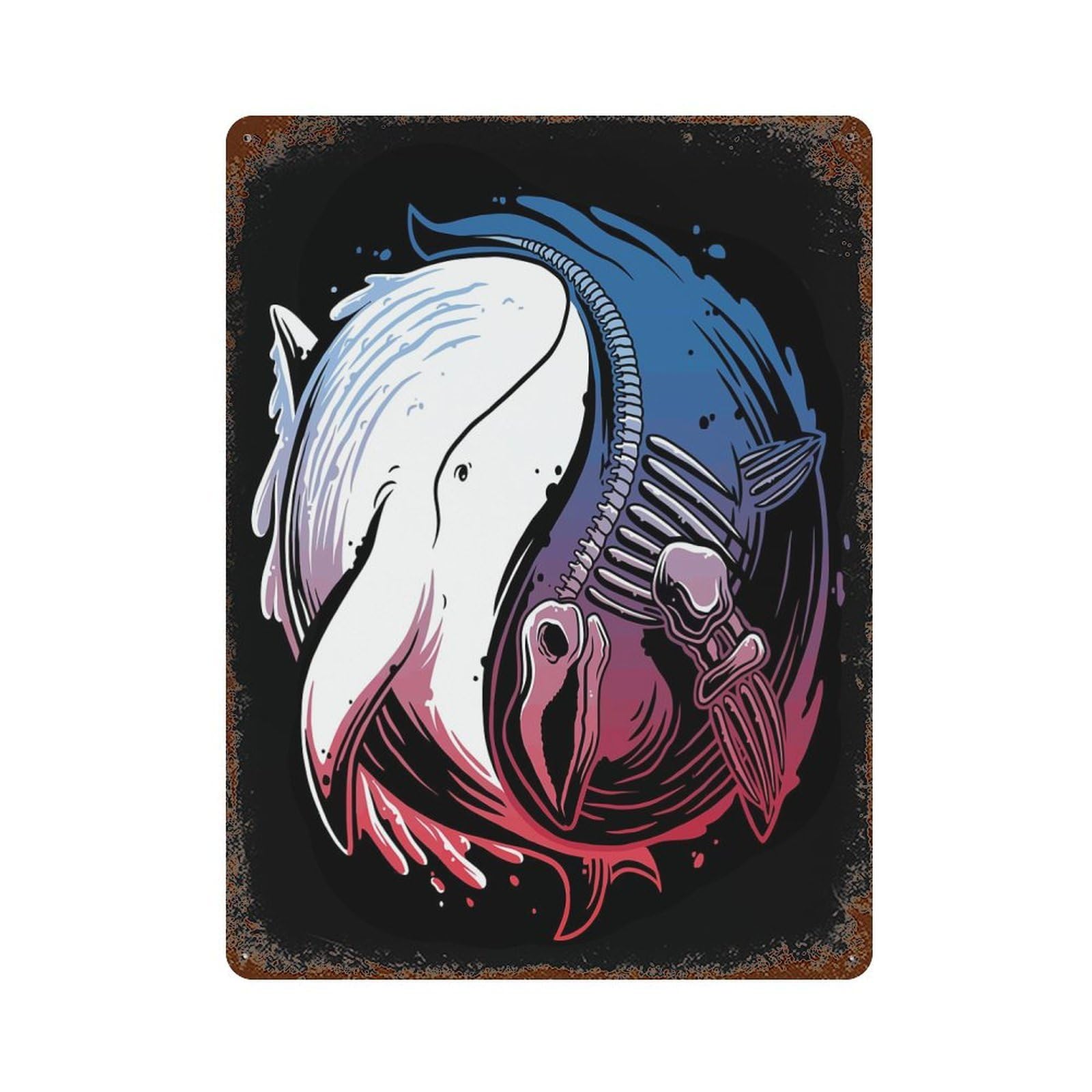 Whale Yin Yang Skeleton Rusty Metal Tin Sign 15.7"x11.8", for Living Room, Hallway And Home Decor, Old School Wall Decor
