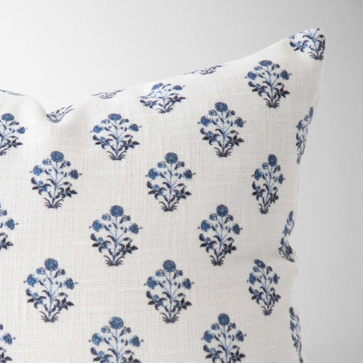 Isabella Floral Block Print Pillow Cover 14x20 – 100% Cotton & Linen Designer Throw Pillow Cover – Luxury Decorative Accent for Sofa, Couch, Bed & Modern Coastal Grandmillennial Home Décor in Blue