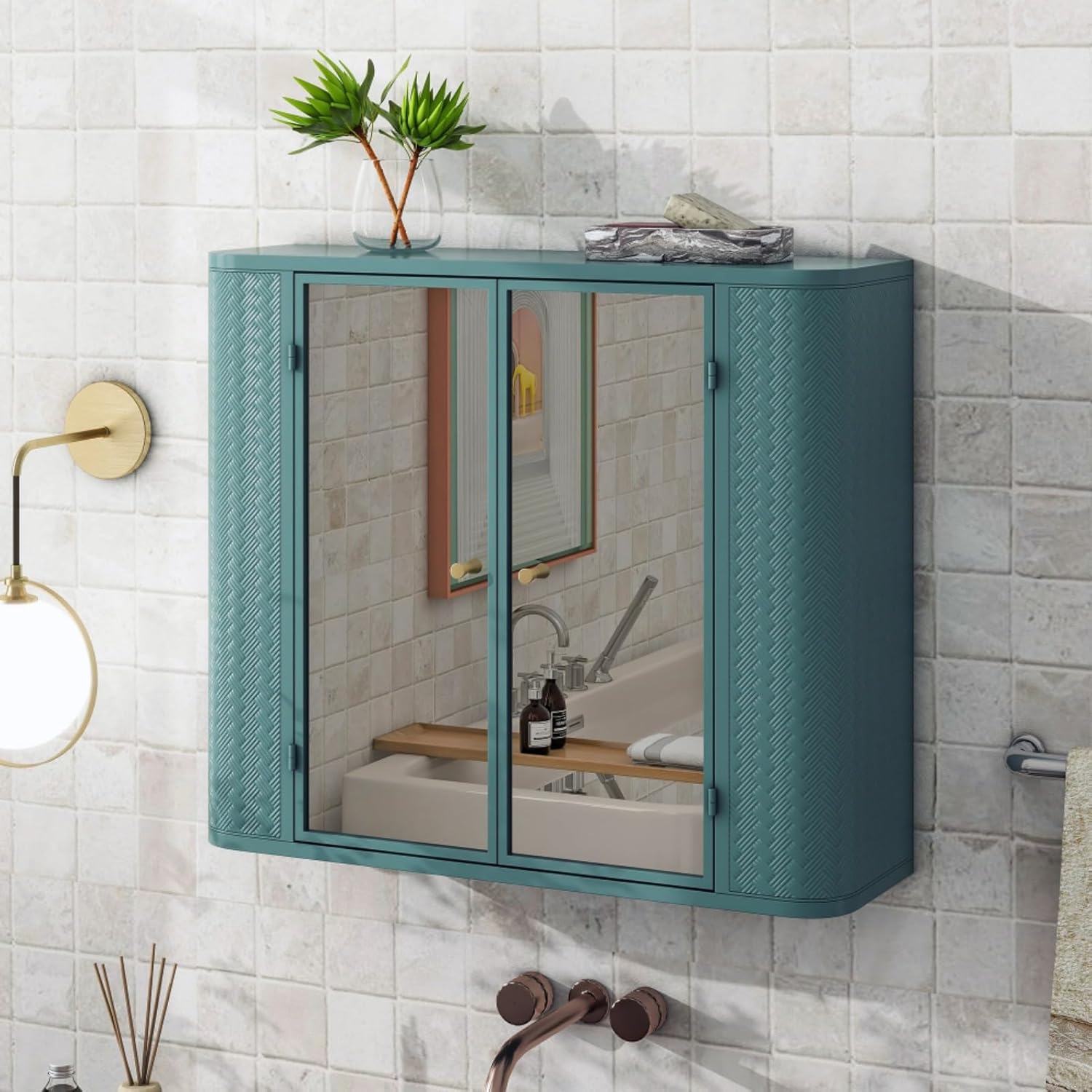 Bathroom Medicine Cabinet with Mirror, Wall Mount Bathroom Cabinet with Mirror, Farmhouse Over Sink Storage Cabinets with 2 Door, Open Shelves and Open Compartment for Vanity, 27.6x23.6x8.3in (Green)