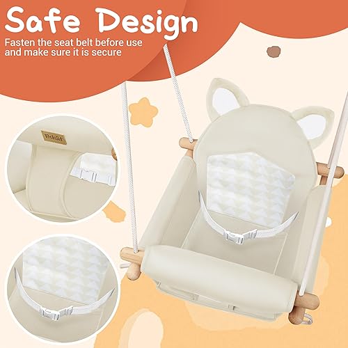 Miniatura 3 de Columpio colgante de madera para bebé con cinturón de seguridad suave, acogedor asiento de columpio infantil para uso en interiores y exteriores,