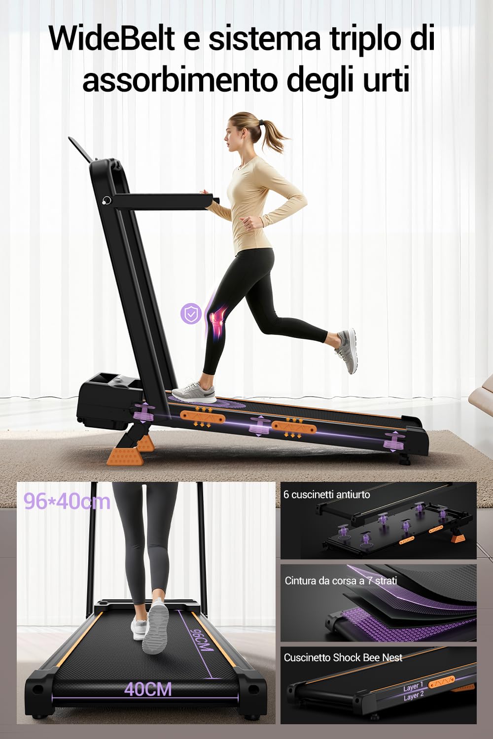 CURSOR Tapis Roulant con Inclinazione 16%, Tapis Roulant Salvaspazio Elettrico 1-10KM/H, Walking Pad con Motore Silenzioso da 3.0 HP e Tripla Ammortizzazione