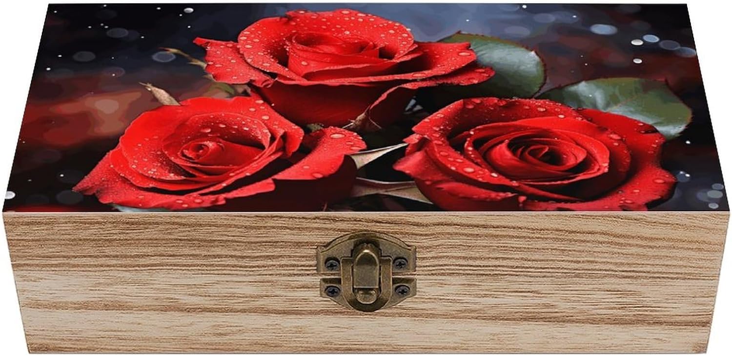 Wood Romantic Red Roses Keepsake Box Wooden Storage Box with Hinged Lid & Gold Buckle Rustic Memory Treasure Chest for Jewelry Craft Photo Letter Card Crystal Storage Wedding Bridal Shower Gift