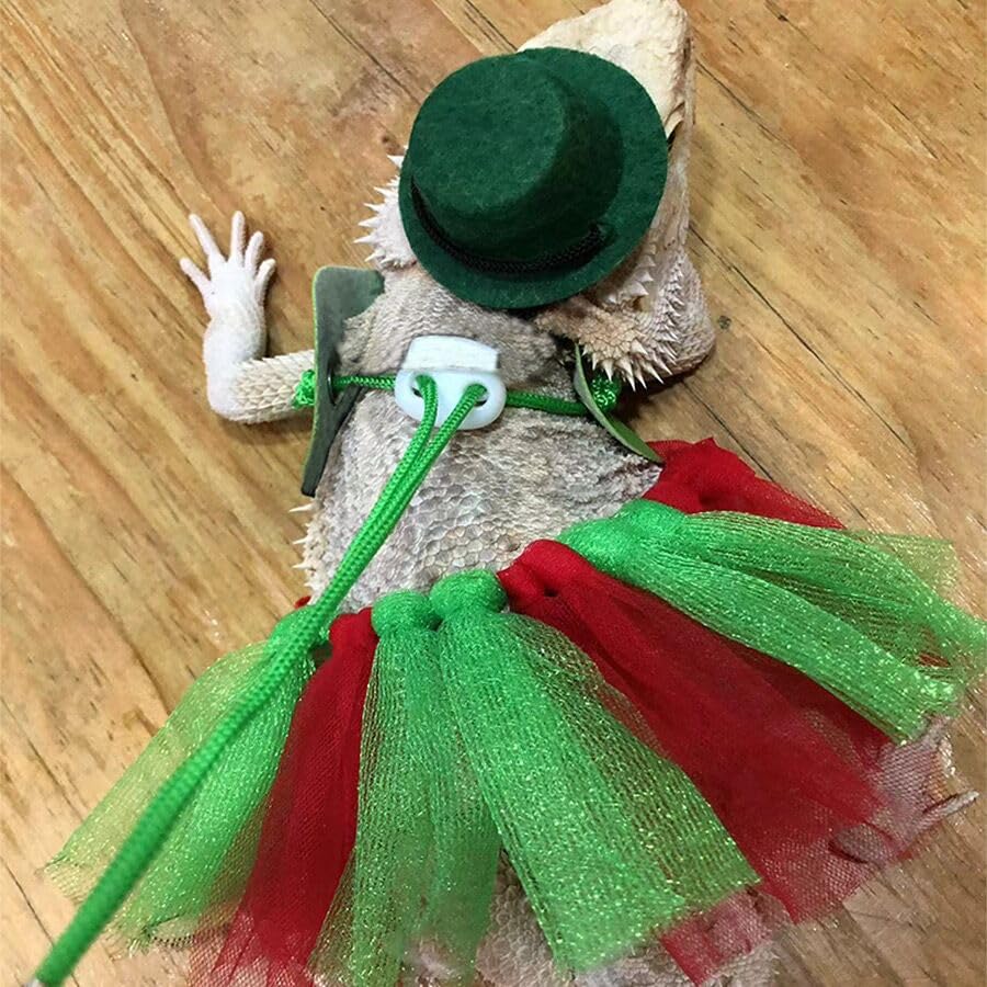 Image of Bearded Dragon Lizard Leash Harness Adjustable(S,M,L, 3 Pack) Bearded Dragon Costume and Hat Lizard Layered Rainbow Tutu Skirt Hat Set for Amphibians and Other Small Pet Animals (Green Set)