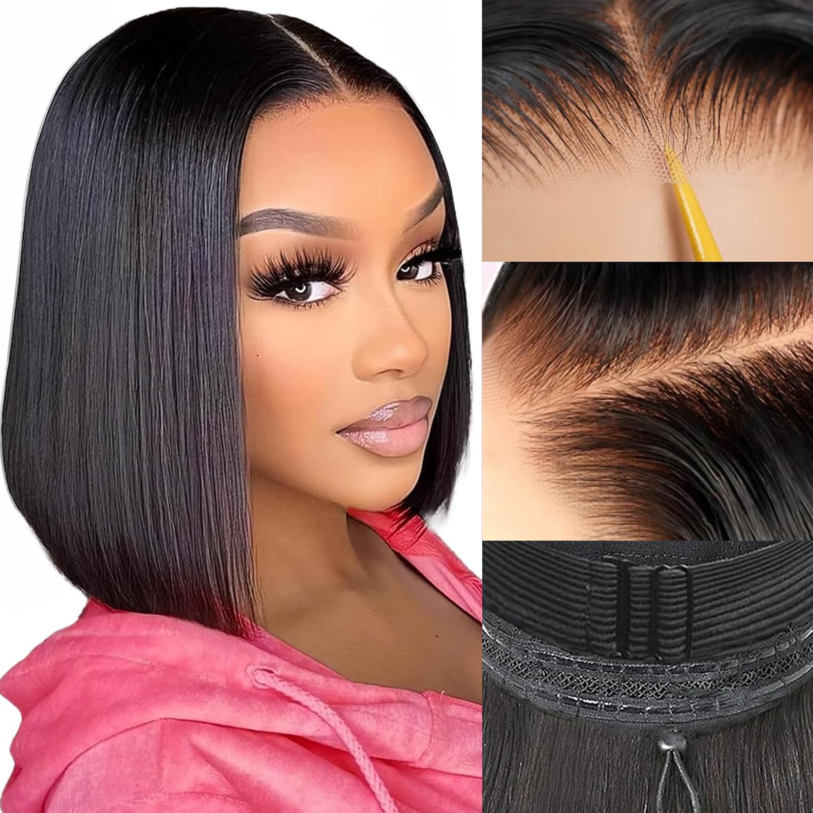 Bob Glueless Wigs Human Hair Pre Plucked Pre Cut 6x4 HD Transparent Lace Front Wigs Human Hair 150% Density Wear and Go Short Straight Wigs for Black Women No Glue Lace Closure Wigs 14 Inch