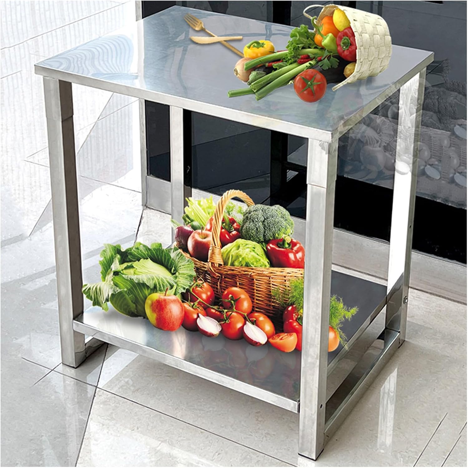 Two-Tiered Stainless Steel Work Table for Home Use Easy to Assemble and Disassemble Brushed Finish for Easy Cleaning Reinforced with Metal Screws