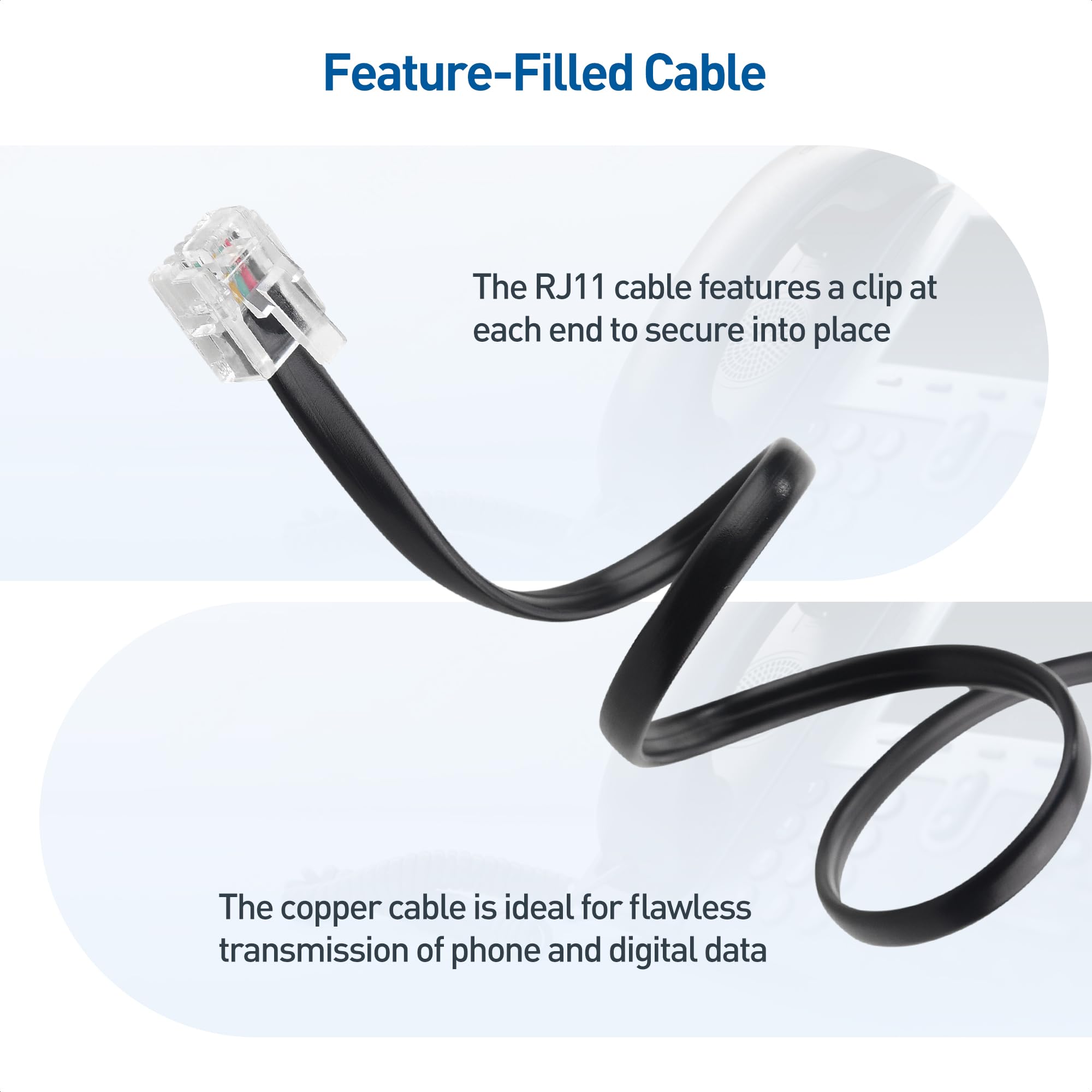 Cable Matters Pack de 2 Câble téléphonique de 1m (cable RJ11 vers RJ11) pour téléphone, Internet DSL, ADSL, modem en Noir - 1m
