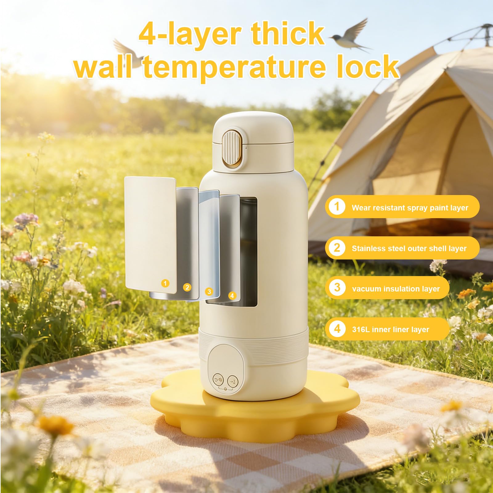 Chauffe Biberon Nomade Portable Sans Fil,500ml Réchauffeur Biberon Voiture | avec Batterie 14000mAh, Contrôle Température 37-55°C, Inox 316, Idéal pour Voyage,Nuit et Petit Pot avec Verrouillage
