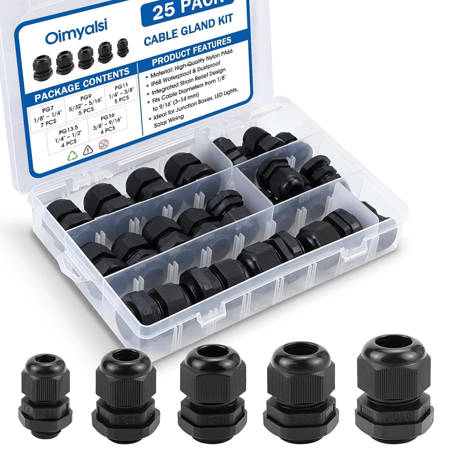 Photo 1 of 25 Pack Cable Gland Kit – IP68 Waterproof Nylon Cord Grip Connectors PG7 to PG16 for Junction Box and Wire Protection (Black)