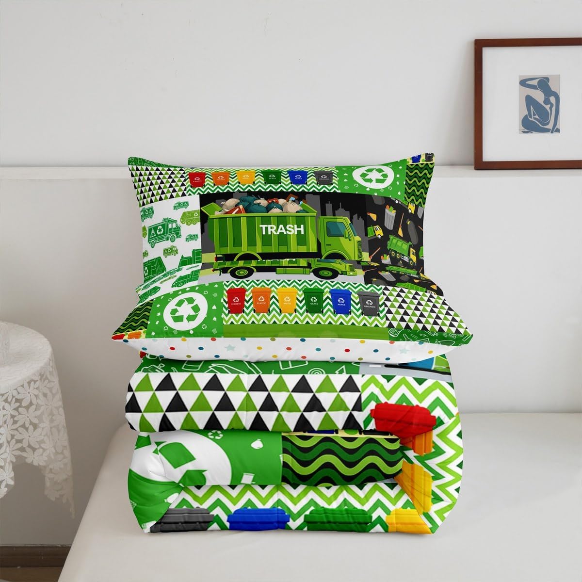Cartoon Garbage Truck Bedding Comforter Sets Twin,Colorful Trash Can Cute Green Cars Trees Bedding Set for Bedroom,Watercolor Abstract Stripes Geometric Art with 1 Comforter and 1 Pillowcase