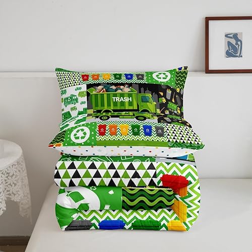 Miniatura 6 de Juego de ropa de cama de camión de basura de dibujos animados, tamaño Queen, colorido bote de basura con lindos autos verdes, juego de ropa de cama