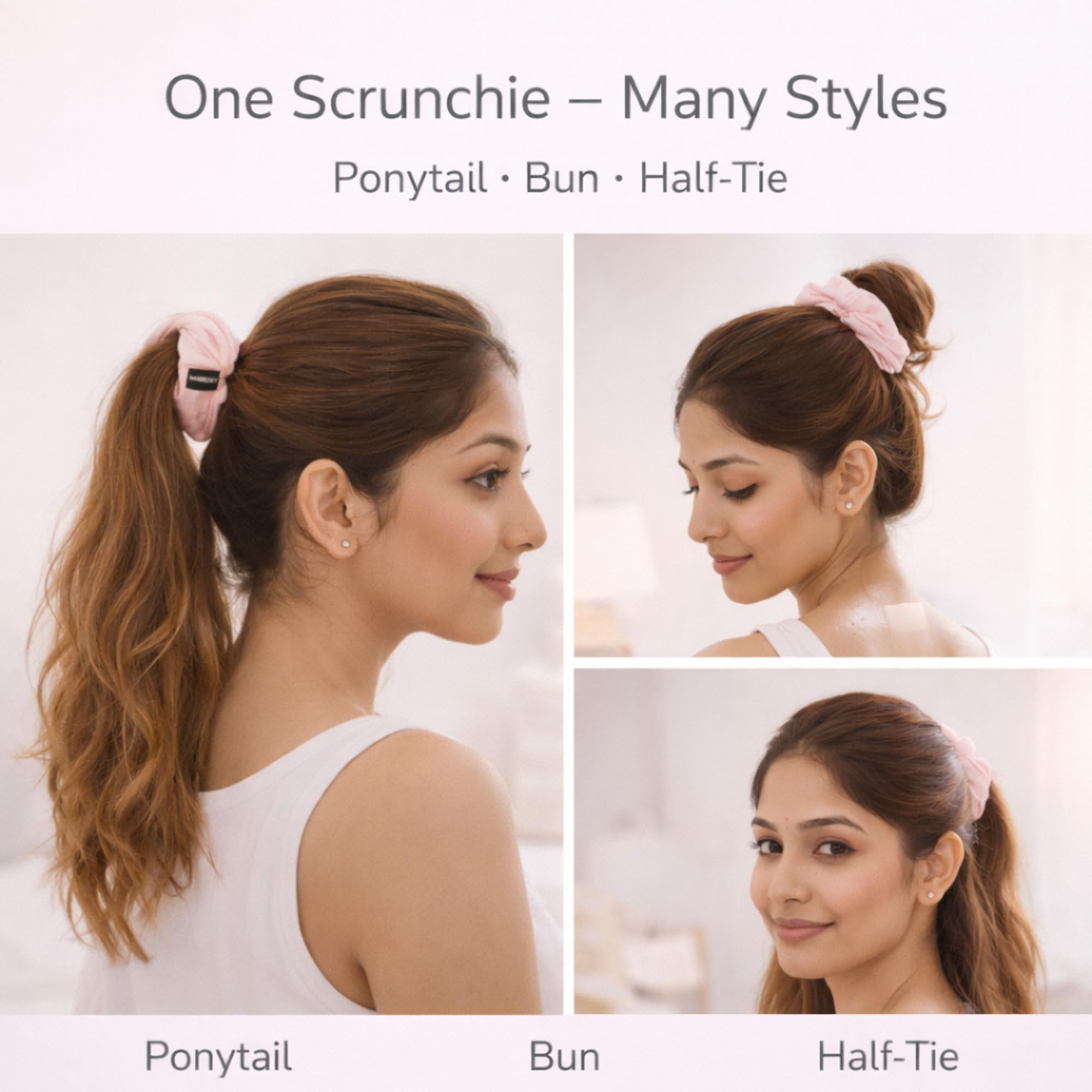 HAIRBERRY® Premium Satin Hair Scrunchies for Women & Girls | Pack of 5| Soft Pink | No-Slip Elastic Hair Bands | Anti-Breakage, No Hair Pull, Smooth Satin Scrunchie for All Hair Types 1