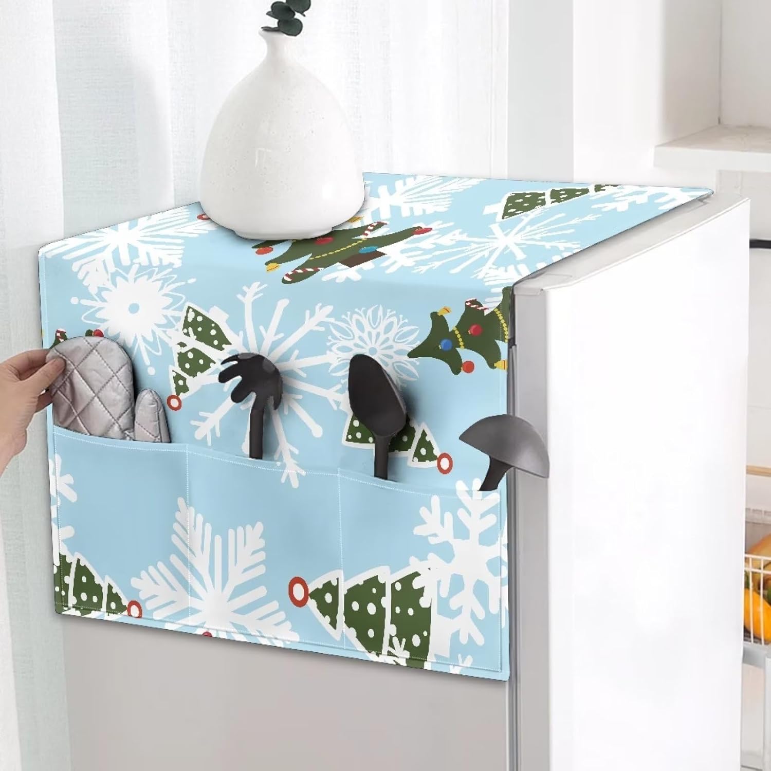 Gomyblomy Christmas Trees Appliance Dust Cover, Christmas Theme Blue Refrigerator Top Cover, Lightweight Washer Protective Cover with Storage Pocket, Home Decoration