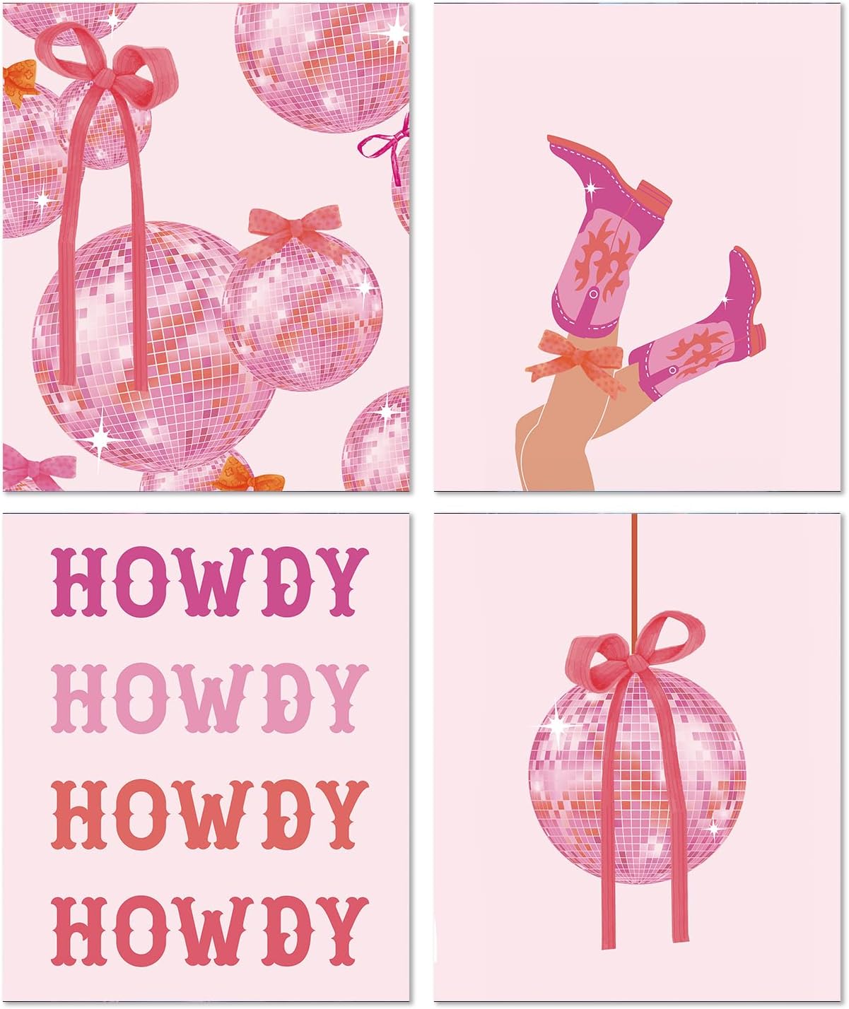 JWVK Pink Preppy Western Diamond Art Kits 4 Pack, Trendy Coquette Pink Bow Disco Ball Howdy DIY Diamond Gem Painting Art Kits for Girls Kids Adults Beginners, Preppy Cowgirl Room Decor 10x11.8 Inch