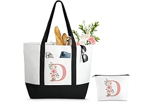 Personalized Tote: Floral Initial Canvas Beach Bag with Makeup Pouch, Perfect for...