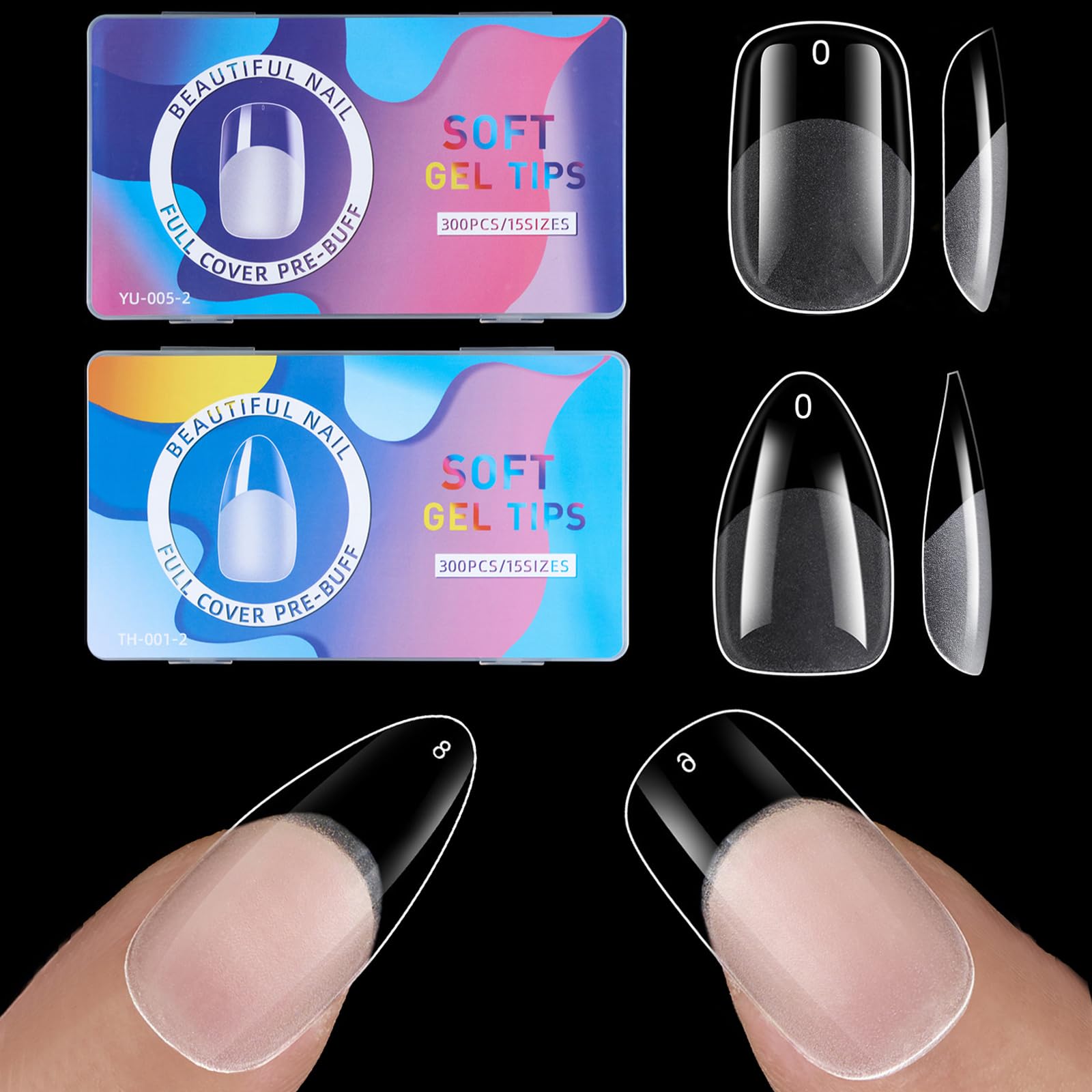 BlueZOO Gel Almond & Squoval Nail Tips 600Pcs - Medium 2 Shapes Acrylic Fake Nails Pre-etching Tapered Square and Almond Press On False Nail for Extension Manicure Home DIY Salon Supplies, 15 Sizes