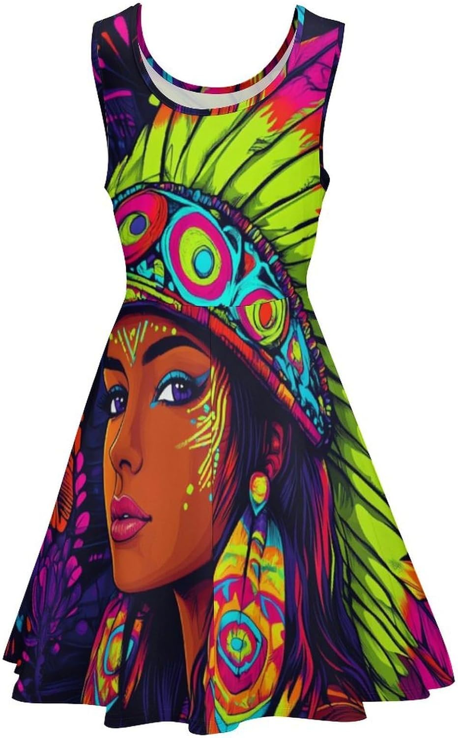 African Indian Tribal Woman Women's Dresses Round Neck Dress Sleeveless Tank Dress Ruffle Hem Sundress
