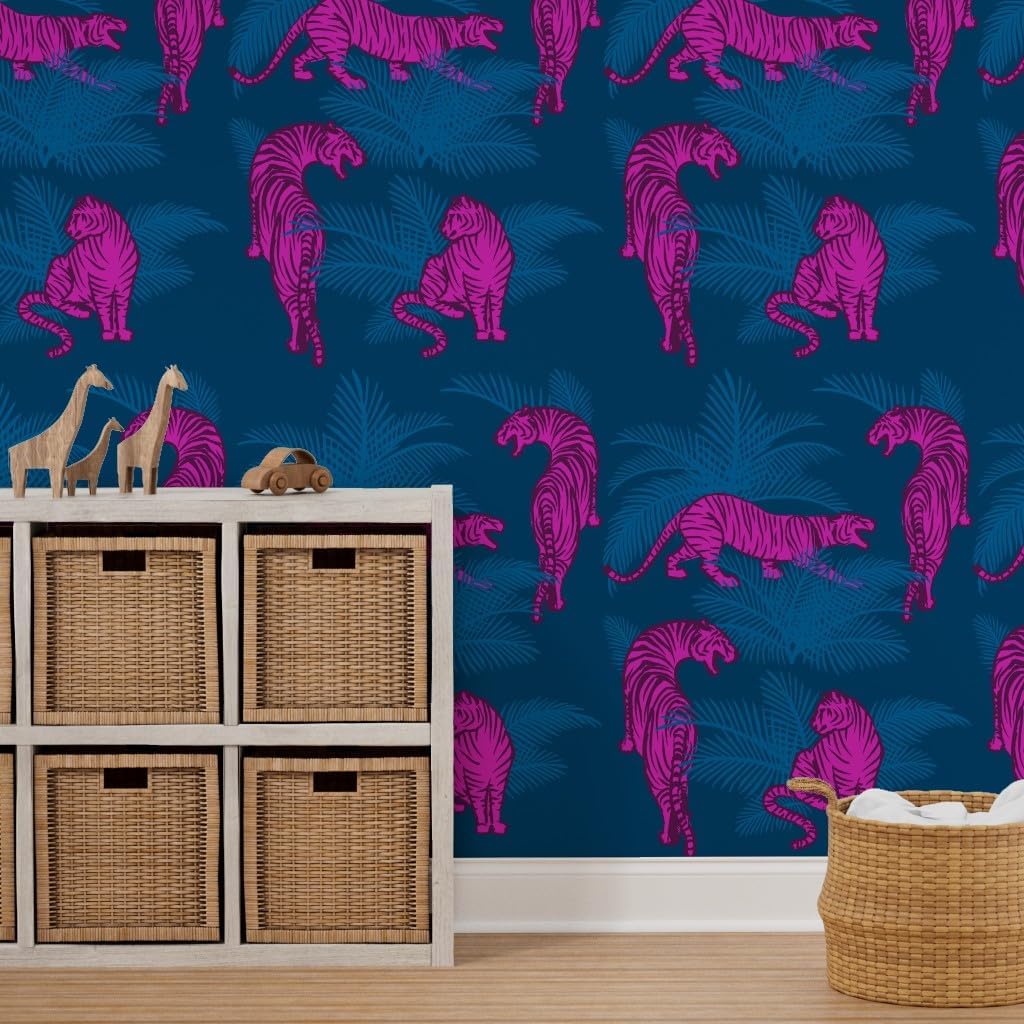 Peel & Stick Wallpaper 12ft x 2ft - Maximalist Jungle Tigers Fuchsia Blue Bright Animal Print Big Cats Custom Removable Wallpaper by Spoonflower