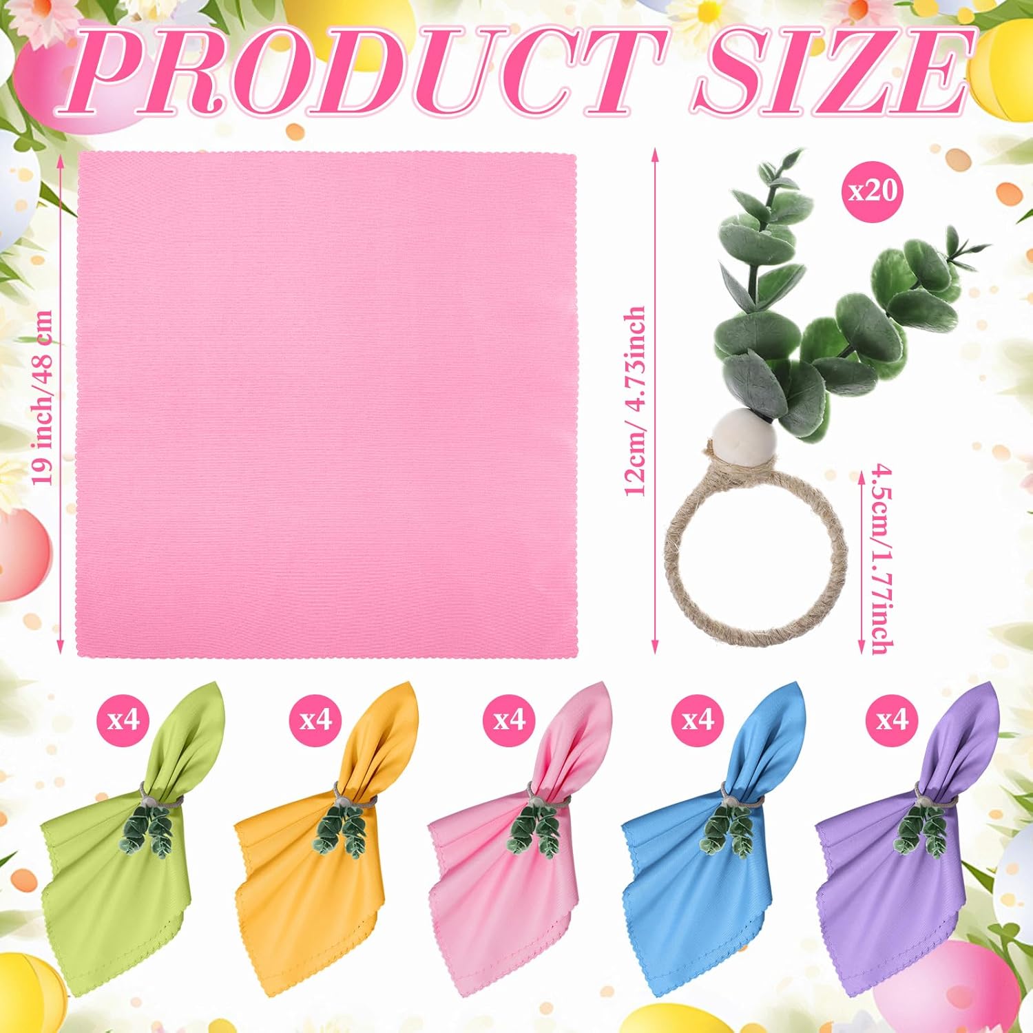 Preboun 20 Pcs Easter Pastel Cloth Napkin with 20 Leaf Napkin Rings 19 x 19 Inch Spring Dinner Reusable Fabric Cocktail Napkins for Farmhouse Easter Party Dinner Table Supplies