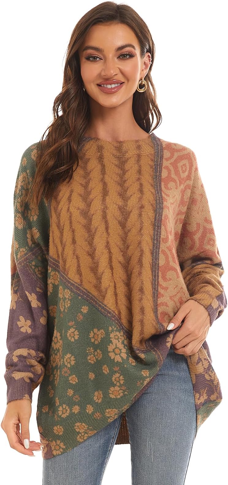 Women's Boho Christmas Sweater, Oversized Long Sleeve Graphic Knit Pullover, Loose Fit Casual Top with Drop Shoulder