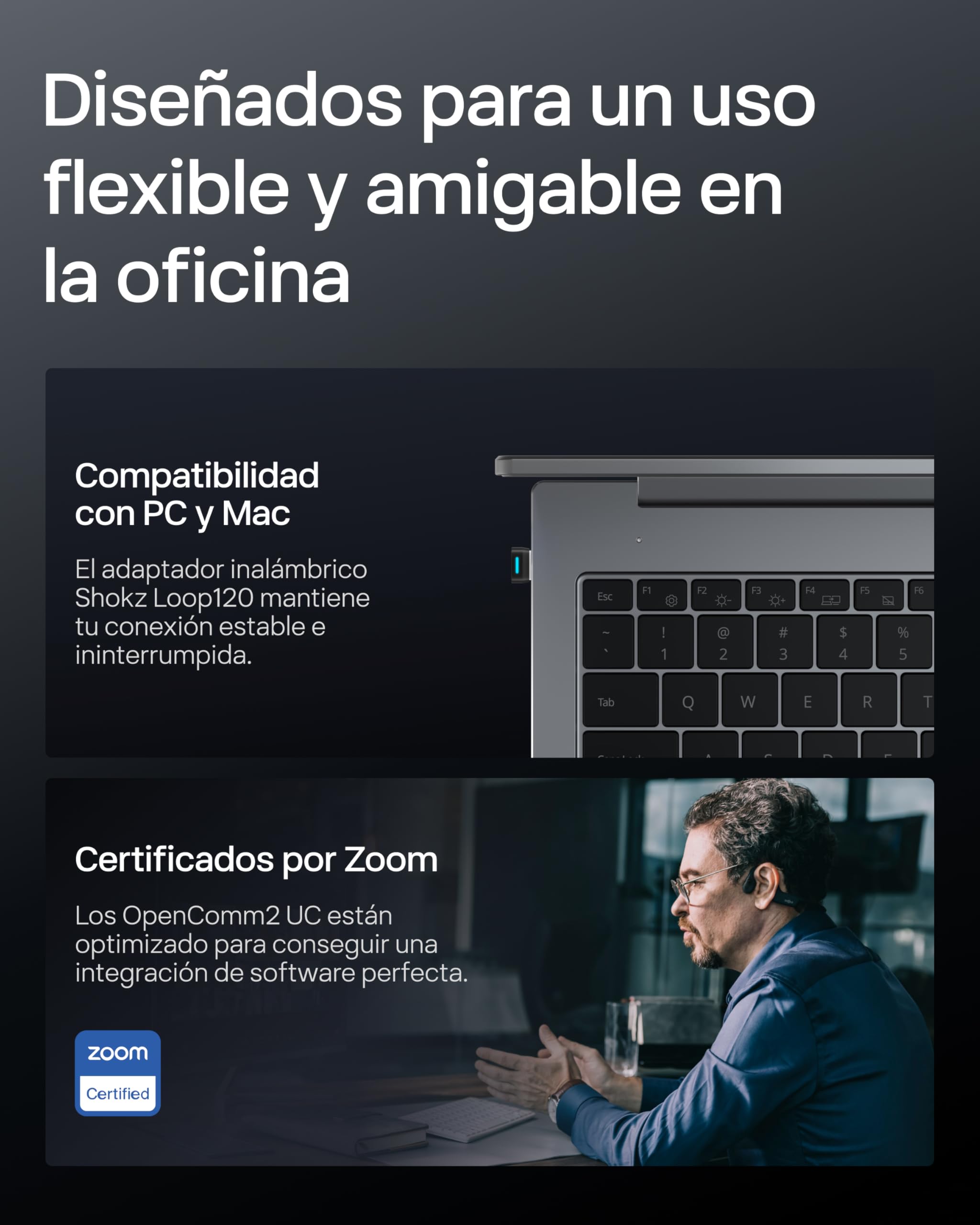 SHOKZ OpenComm2 UC 2025 Upgrade Auriculares Conducción Ósea,Adaptador USB-A | 16h Conversación |Adaptador USB-A | Bluetooth |Micrófono| Oído Abierto | Carga Rápida | para Office | Carga Tipo C