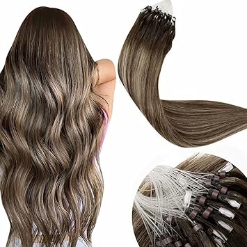 LaaVoo Extension Cheveux Naturel a Froid Micro Anneaux Loops - Rajout  Cheveux Humain Extension Anneaux Easy Loops 50 Mèches 50g (#4T18/4 Ombre  Marron Foncé A Blonde Cendrée Balayage, 55 cm) : Amazon.fr:
