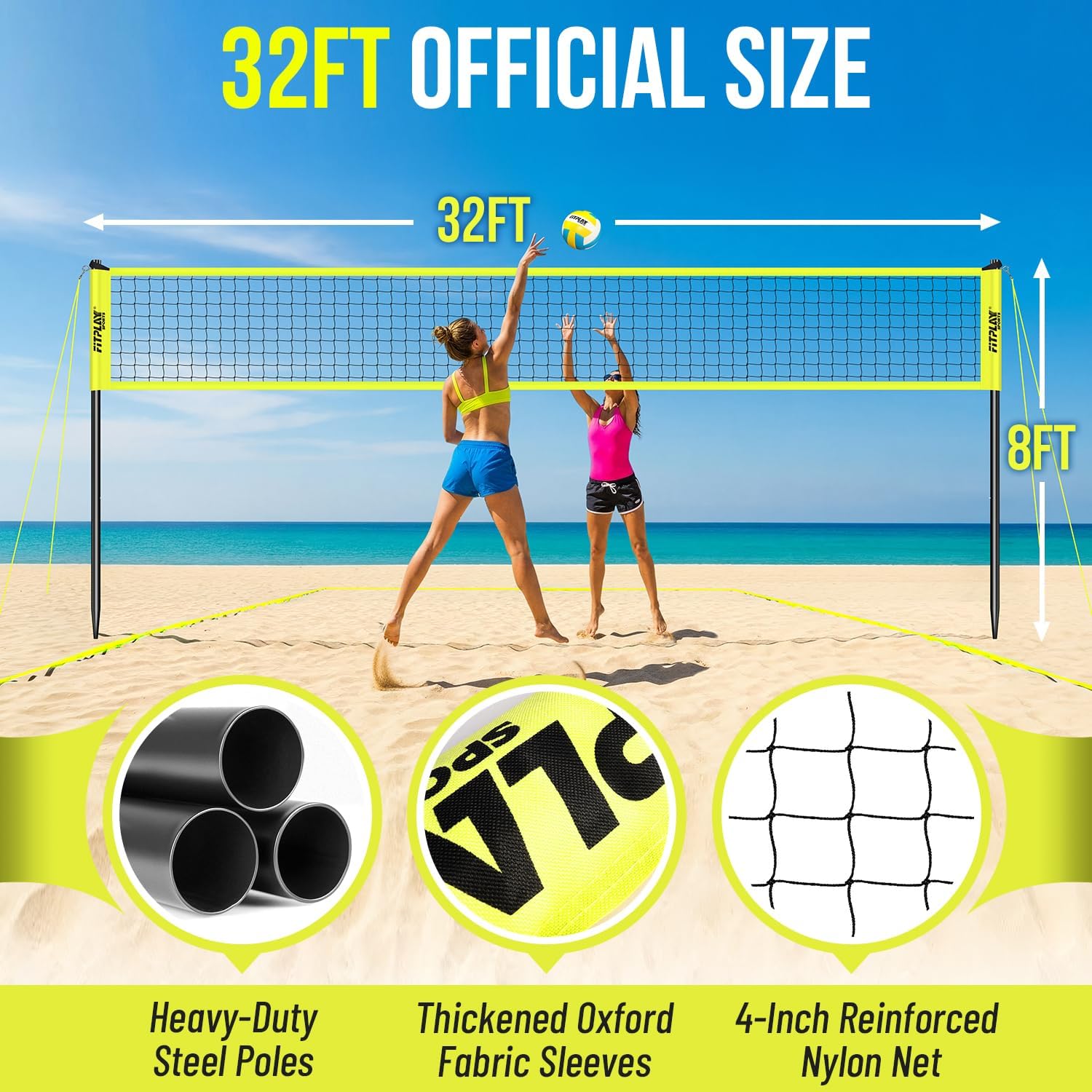Portable Outdoor Volleyball Net Set,32FT Regulation Size Volleyballs Net System with Height Adjustable Poles,PU Volleyball,Pump,Boundary Line,Anti-Sagging and Carry Bag for Backyard,Beach,Lawn