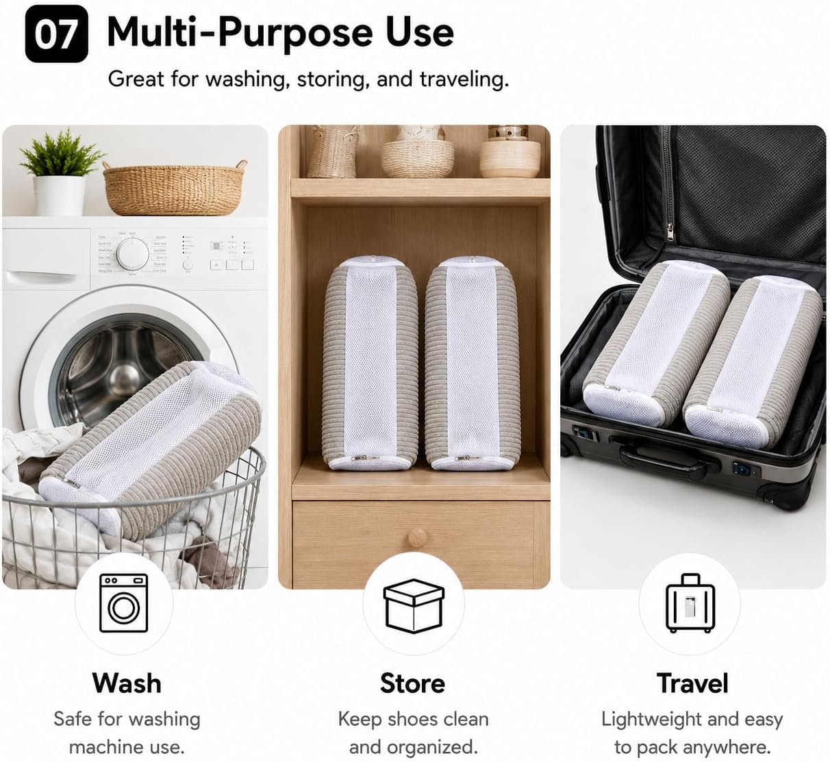 Shoe Laundry Bags for Washing Machine, 2-Pack Reusable Sneaker Wash Bags with Hidden Zipper + 2 Adjustable Shoe Trees for Sneakers, Gym Shoes, Gray