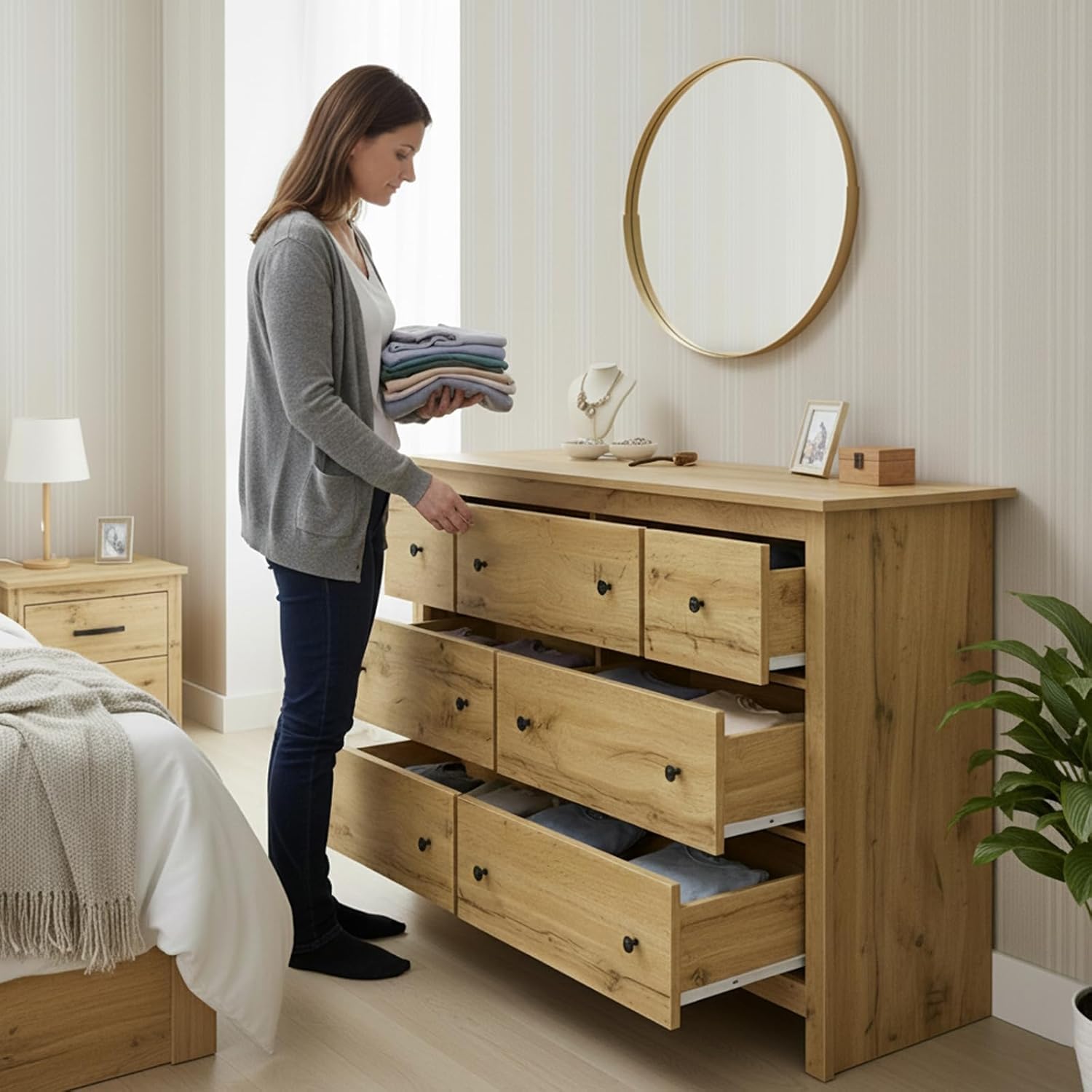 Cassettiera 7 Cassetti, 152 cm Larghezza, Cassettiera Legno, Madia Soggiorno, Madia Ingresso Per Camera da Letto, Soggiorno, Cucina, 40P x 152L x 89H cm