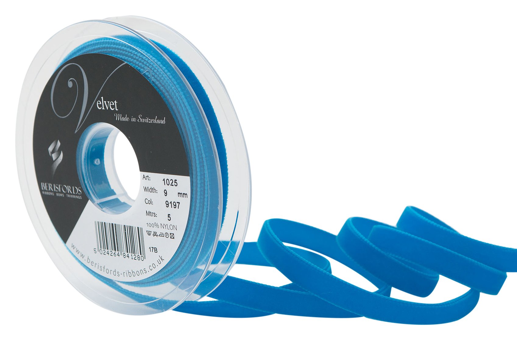 Berisfords Velvet Ribbon Venetian Blue 15mm x 10m - Nylon Craft Ribbon for Sewing, Gift Wrapping and Hair Accessories — image 1