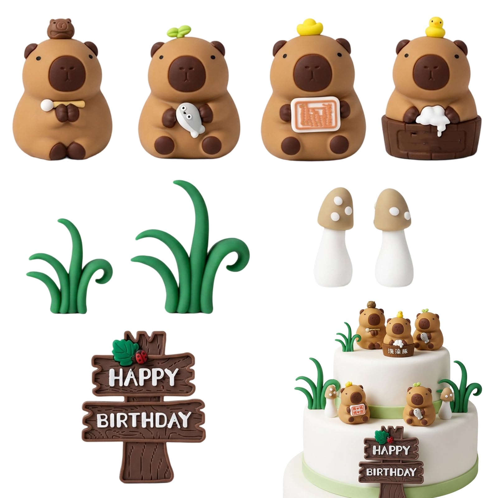 9Pcs Capybara Cake Topper, Capybara Cake Decorations for Birthday Parties, Mini Capybara Figures for Animal-Themed Desserts, Forest Scene Cake Accents,Reusable Decorative Set for Various Celebrations