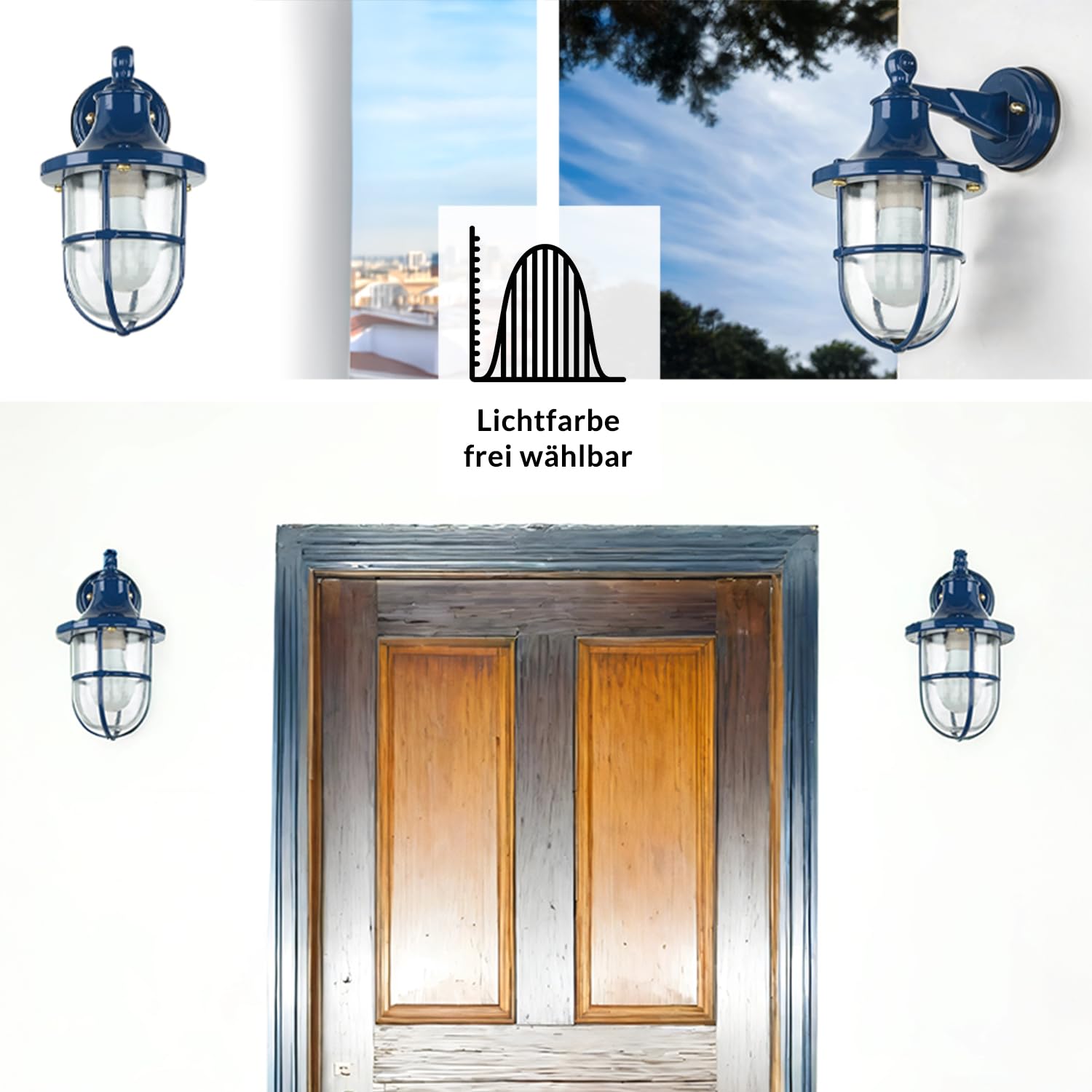 Zewnętrzna lampa okrętowa, mosiężna, niebieska, zewnętrzna lampa ścienna morska, nostalgiczna, rustykalna, IP64, D:22 cm E27, dom, ogród, lampa tarasowa